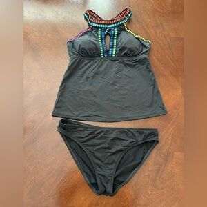 La Blanca Black Tankini with Colorful Unique Neckline